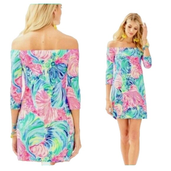 Lilly Pulitzer Dresses & Skirts - Lilly Pulitzer Laurana Beach Please Off Shoulder Pinks Preppy Dress Size M